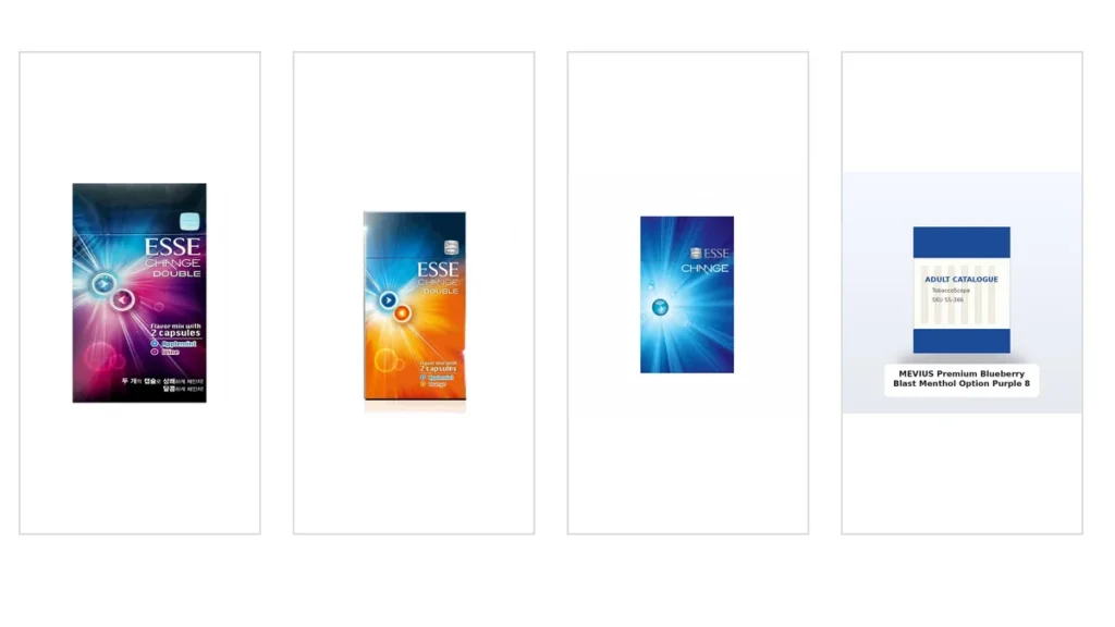 ESSE Change Applemint Wine, Applemint Orange, Mint Ice Blast and MEVIUS Blueberry Blast product images side by side