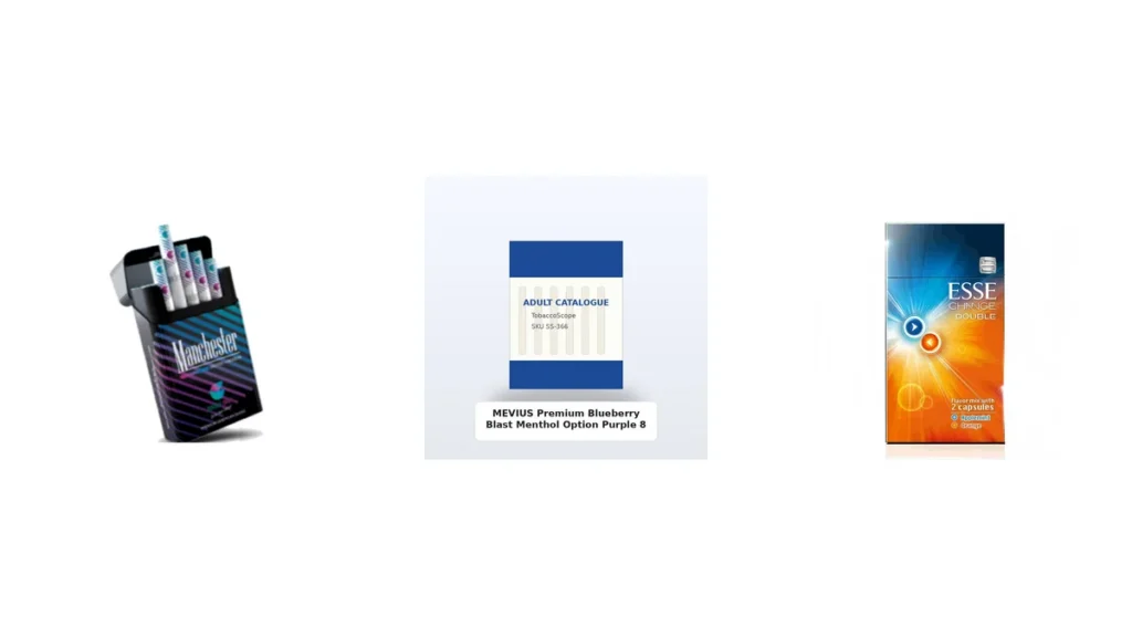 Manchester Blueberry Mint, MEVIUS Blueberry Blast Menthol and ESSE Applemint Orange product images side by side