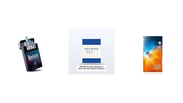 Manchester Blueberry Mint, MEVIUS Blueberry Blast Menthol and ESSE Applemint Orange product images side by side