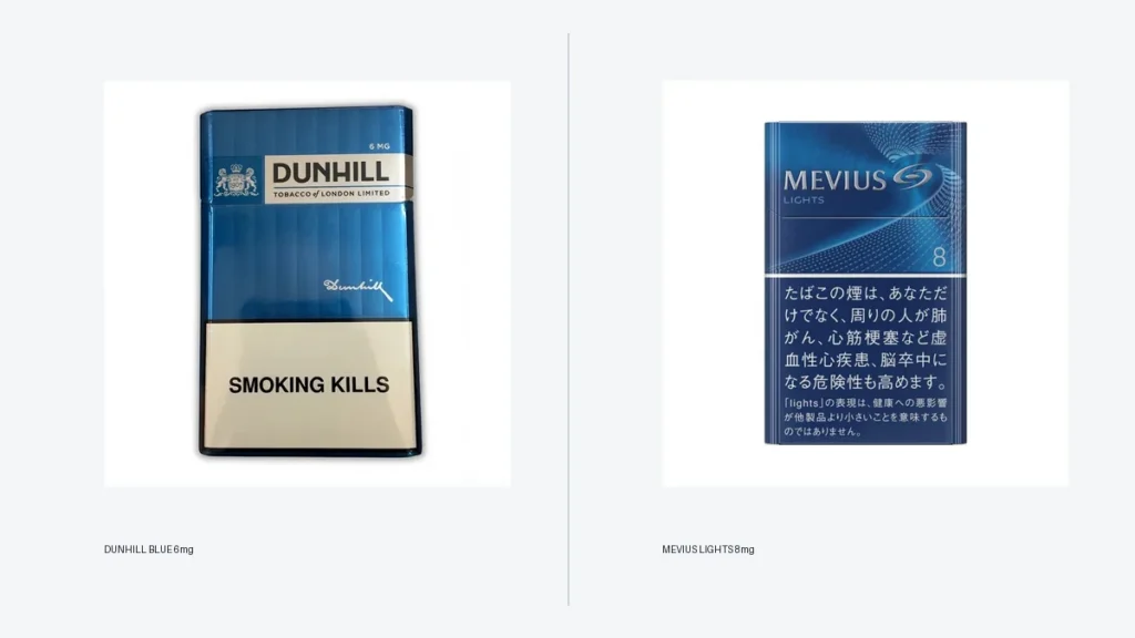Dunhill Blue 6mg and MEVIUS Lights 8mg product images compared side by side