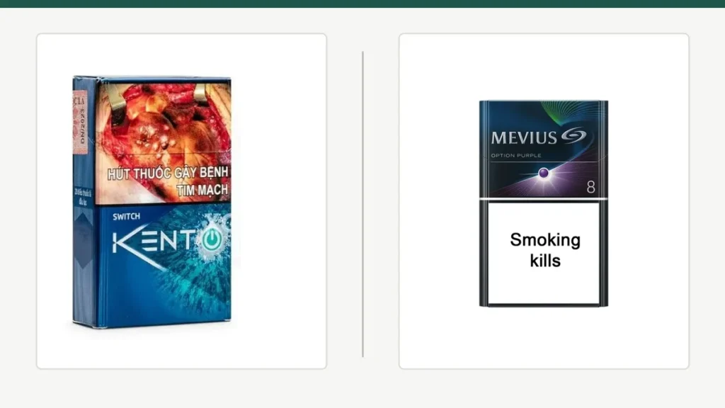 Vietnamese Kent Switch and MEVIUS Option Purple 8 product packs compared side by side