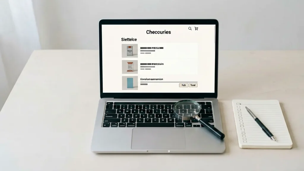 Neutral online cart summary with product line items, a total row, magnifying glass and checklist on a clean desk
