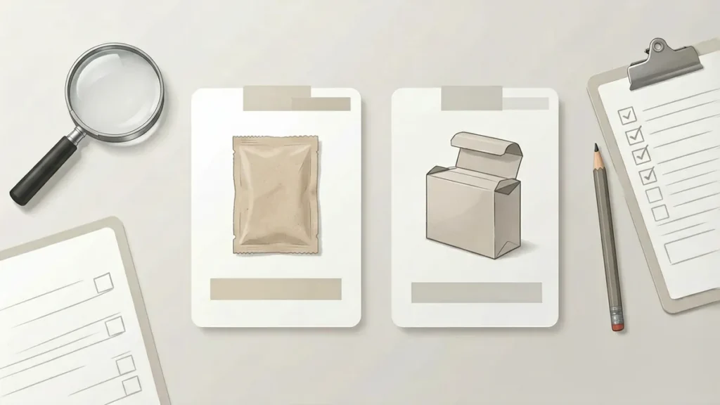 Neutral catalogue record cards with soft-pack and hard-pack format tags, magnifying glass and checklist for verifying Double Happiness records