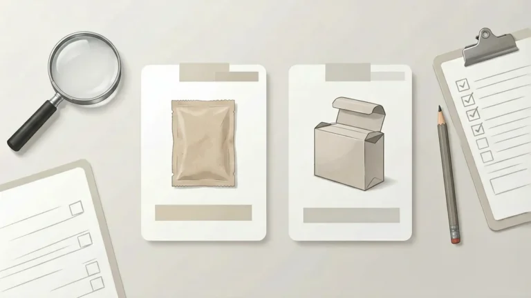 Neutral catalogue record cards with soft-pack and hard-pack format tags, magnifying glass and checklist for verifying Double Happiness records