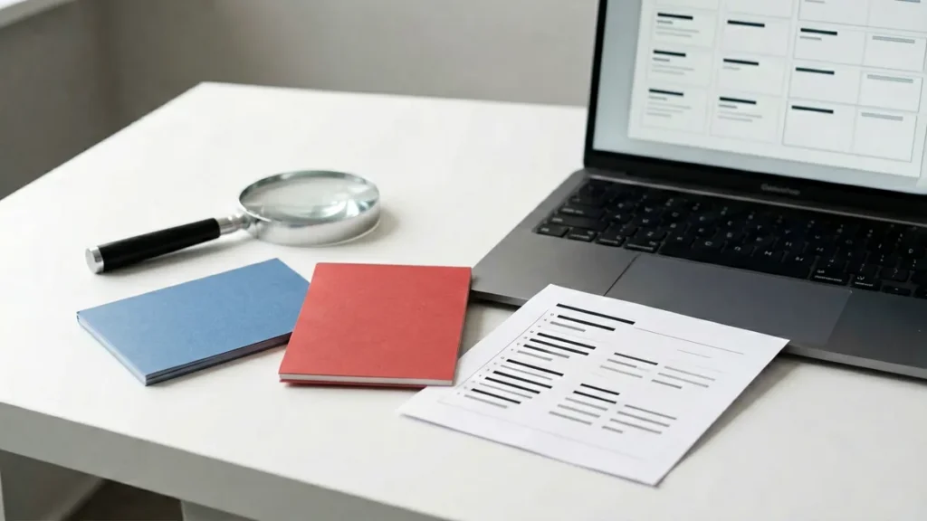 Generic blue and red catalogue record cards beside a magnifying glass, SKU checklist and laptop