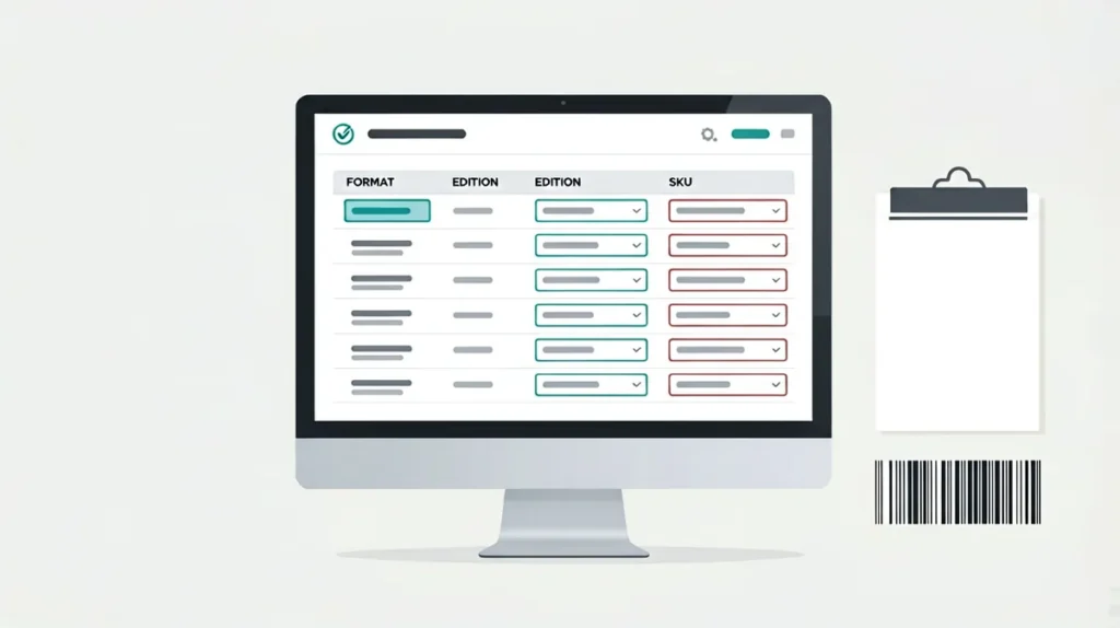 Neutral catalogue interface showing format, edition and SKU fields for reading product record labels