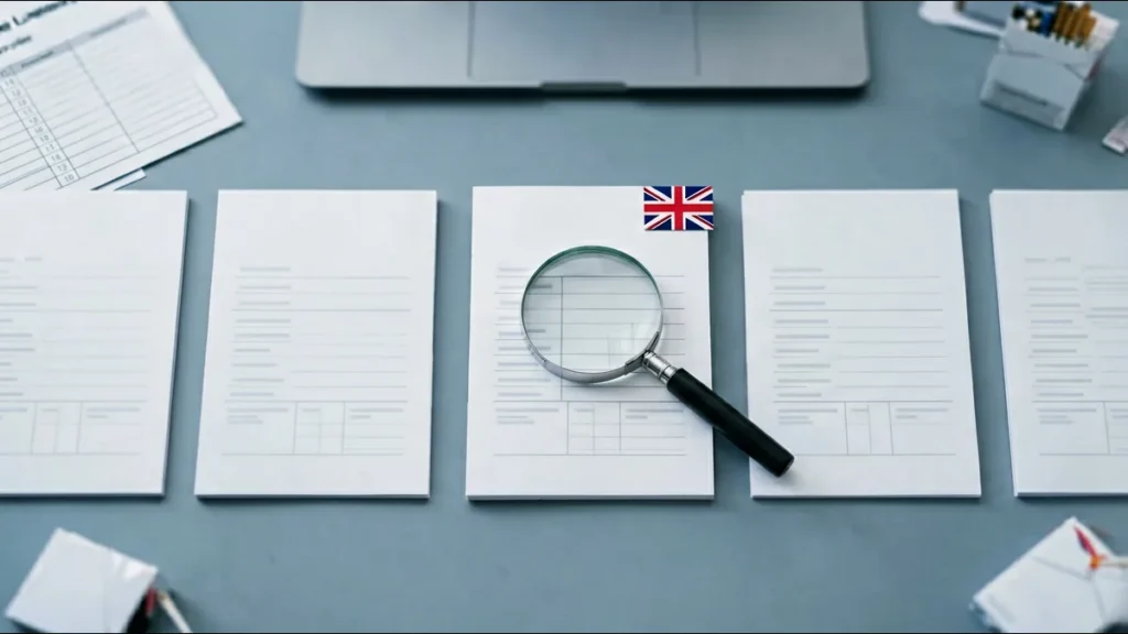 Neutral catalogue record cards with a highlighted United Kingdom label tag, magnifying glass and checklist