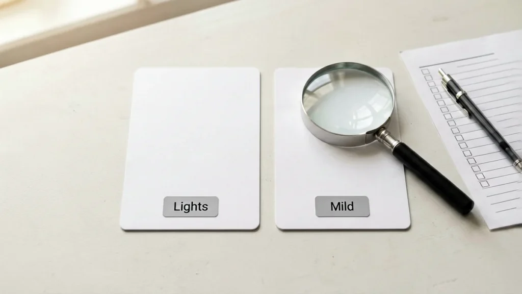 Neutral catalogue record cards with Lights and Mild label tags, magnifying glass and checklist for verifying Mevius records