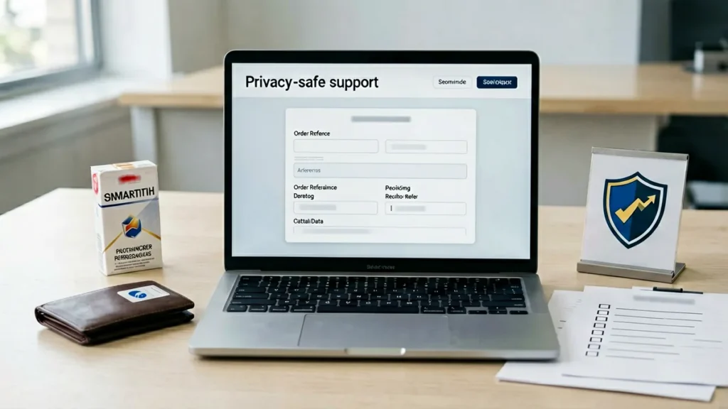 Laptop support form with obscured order details, a privacy shield sign and a closed card wallet