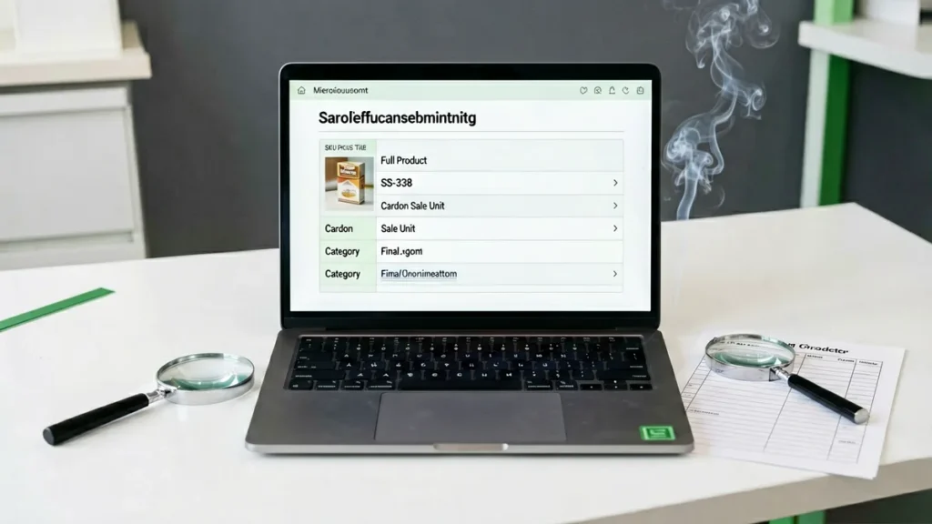 Generic catalogue record showing title, SKU, carton unit and URL fields beside a magnifying glass and checklist