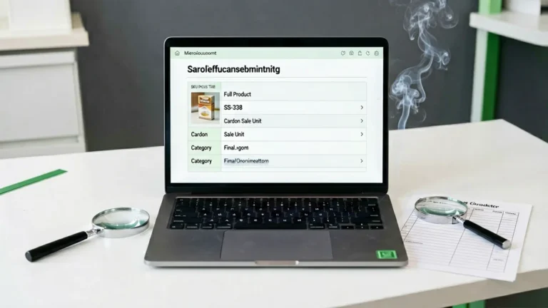 Generic catalogue record showing title, SKU, carton unit and URL fields beside a magnifying glass and checklist