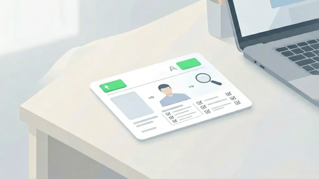 Neutral product record card with an availability badge, magnifying glass and checklist for checking stock